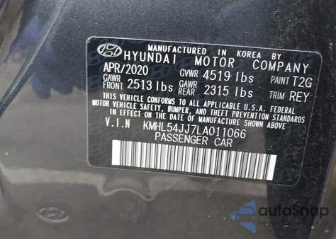 2020 Hyundai Sonata Hybrid Limited z USA, uszkodzony, nr VIN KMHL54JJ7LA011066